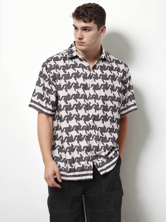 Hemsters Regular Black & White Printed Short Sleeves Shirt