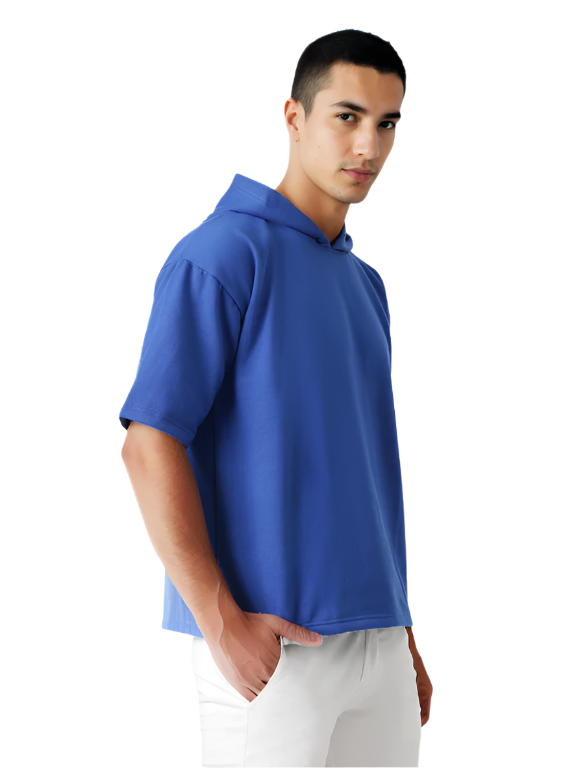 Hemsters Royal Blue Half Sleeve Relaxed Fit Hoodie For Men