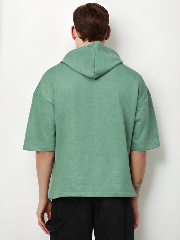 Hemsters Green Half Sleeve Relaxed Fit Hoodie For Men