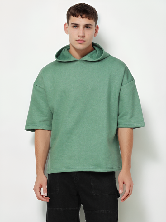 Hemsters Green Half Sleeve Relaxed Fit Hoodie For Men
