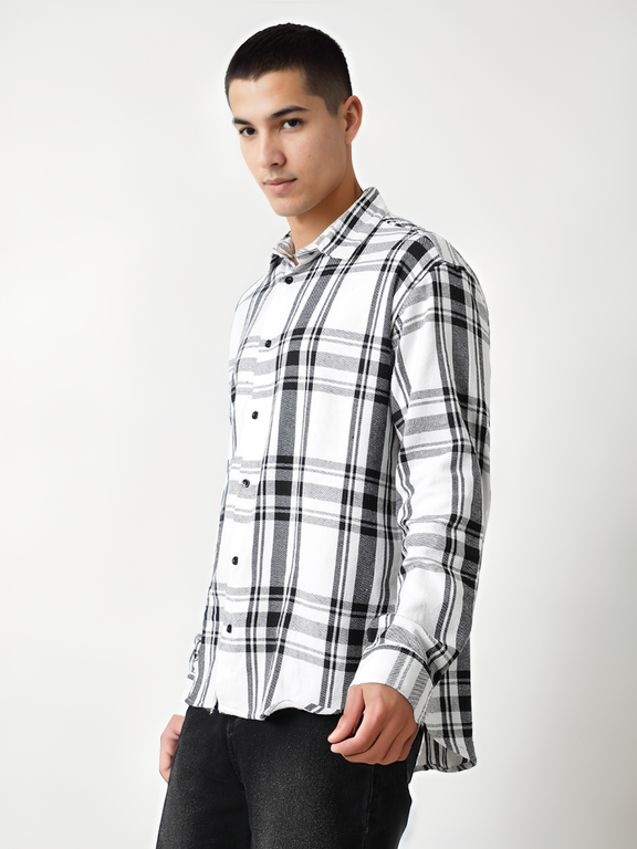 Hemsters Men White Full Sleeves Checked Shirt