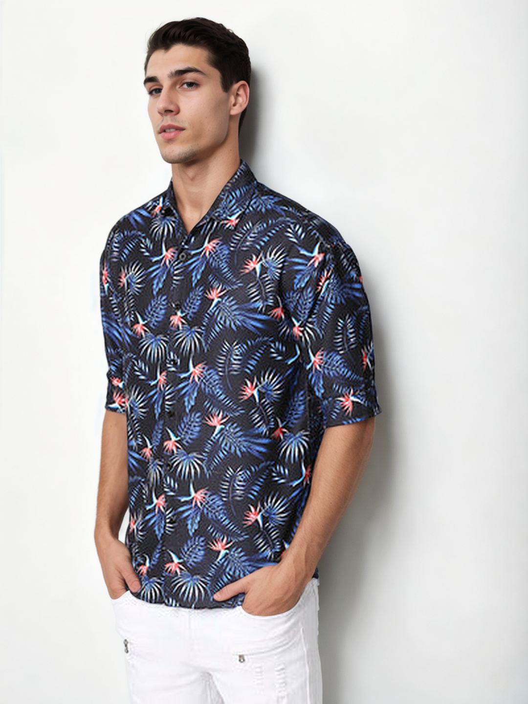Hemsters Blue Floral Print Half Sleeve Relaxed Shirt