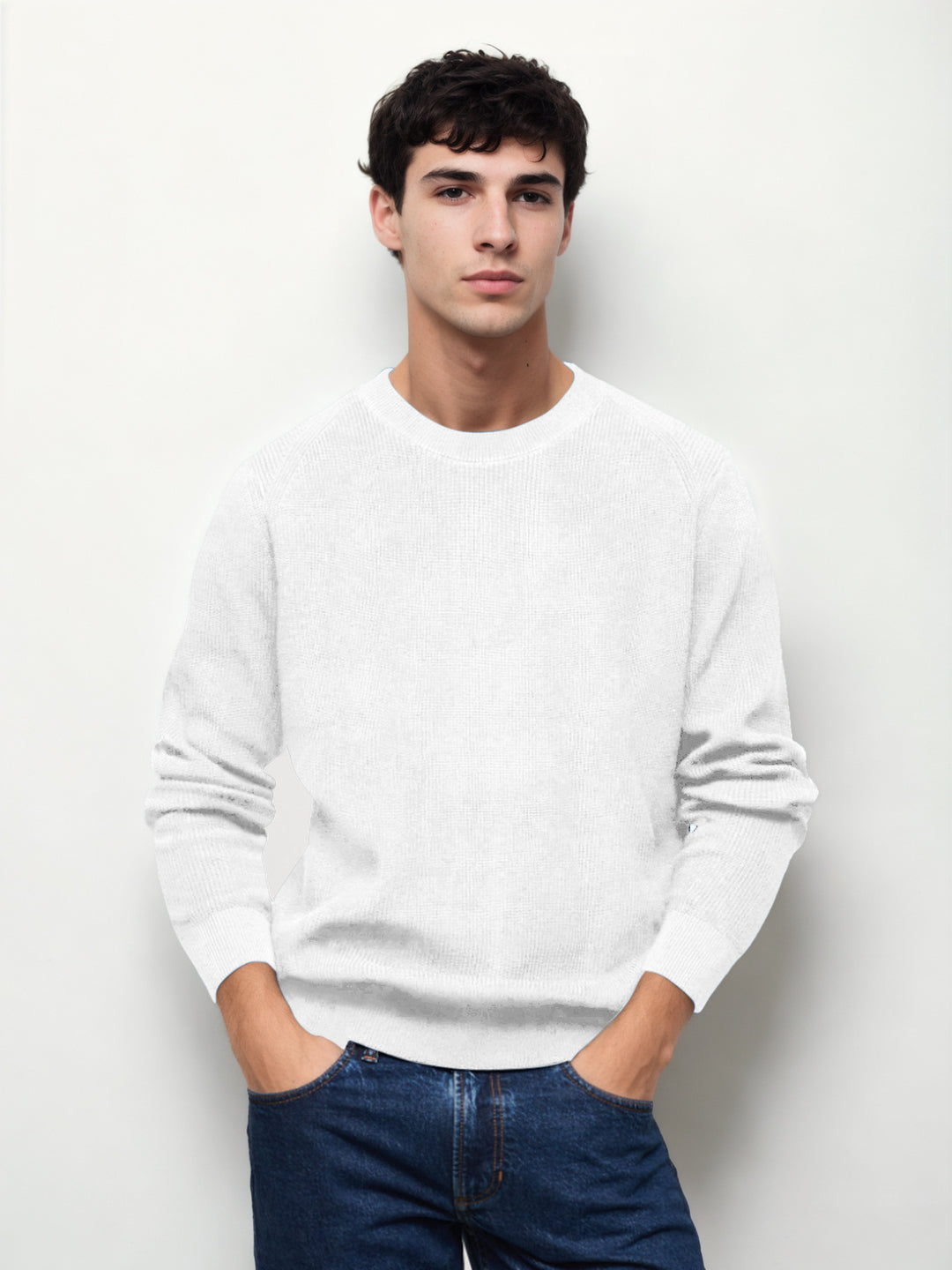 Hemsters White Knitted Full Sleevs Sweatshirt For Men