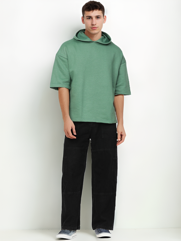 Hemsters Green Half Sleeve Relaxed Fit Hoodie For Men