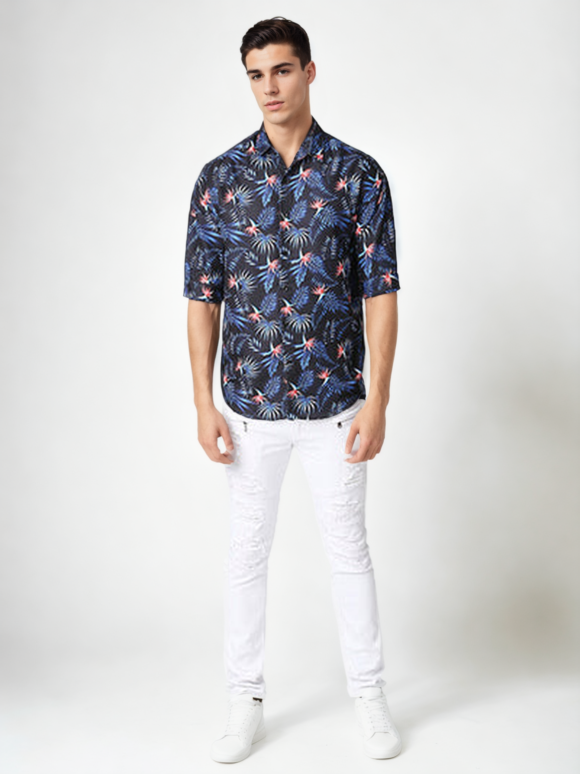 Hemsters Blue Floral Print Half Sleeve Relaxed Shirt