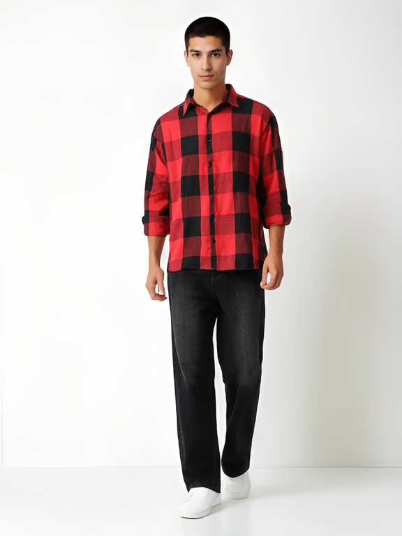 Hemsters Men Red Full Sleeves Checked Shirt