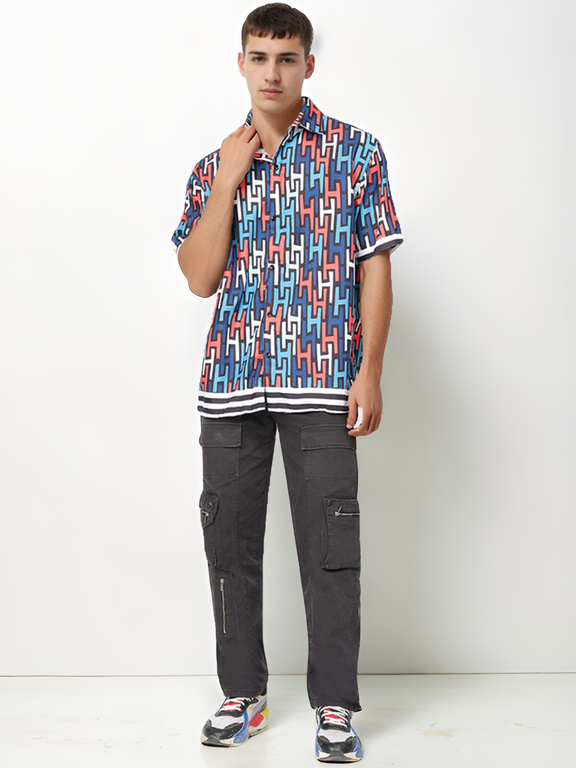 Hemsters Geometric Print Blue color Half Sleeve Relaxed Shirt For Mens
