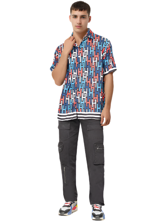 Hemsters Geometric Print Blue color Half Sleeve Relaxed Shirt For Mens