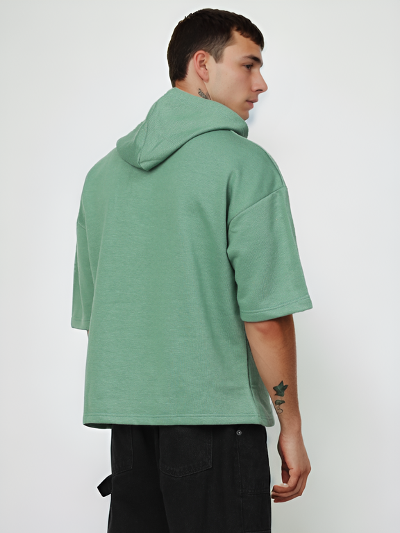 Hemsters Green Half Sleeve Relaxed Fit Hoodie For Men