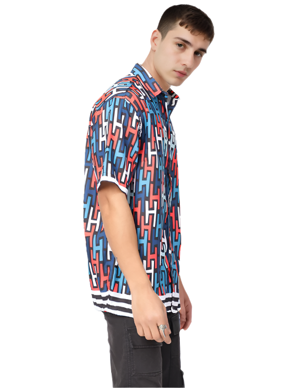 Hemsters Geometric Print Blue color Half Sleeve Relaxed Shirt For Mens