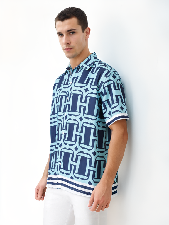 Hemsters Sage Blue Printed Shirt For Men