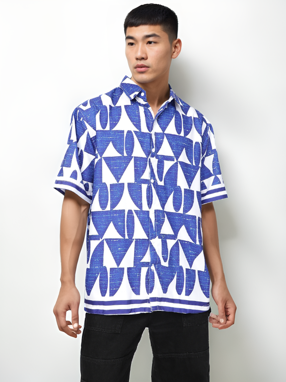 Hemsters Medium Blue Geometric Print Casual Short Sleeves Regular Collar Shirt