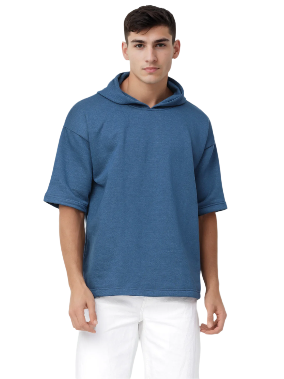 Hemsters Teal Blue Half Sleeve Relaxed Fit Hoodie For Men