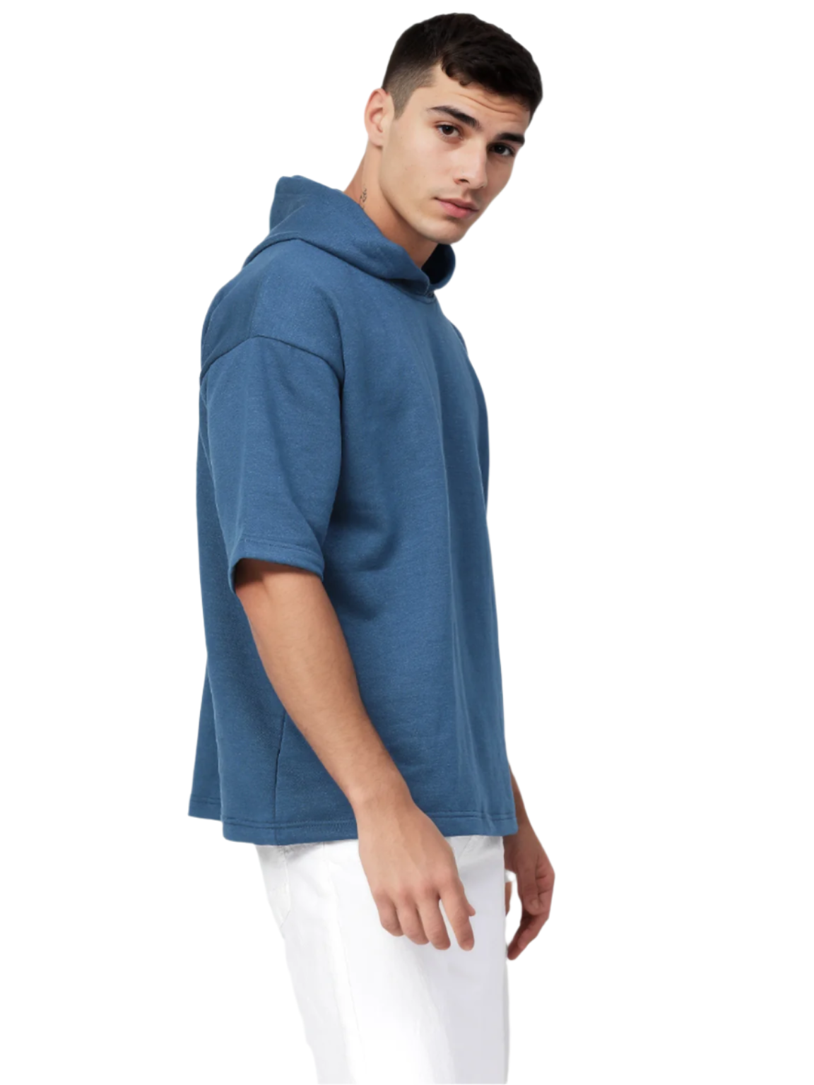 Hemsters Teal Blue Half Sleeve Relaxed Fit Hoodie For Men