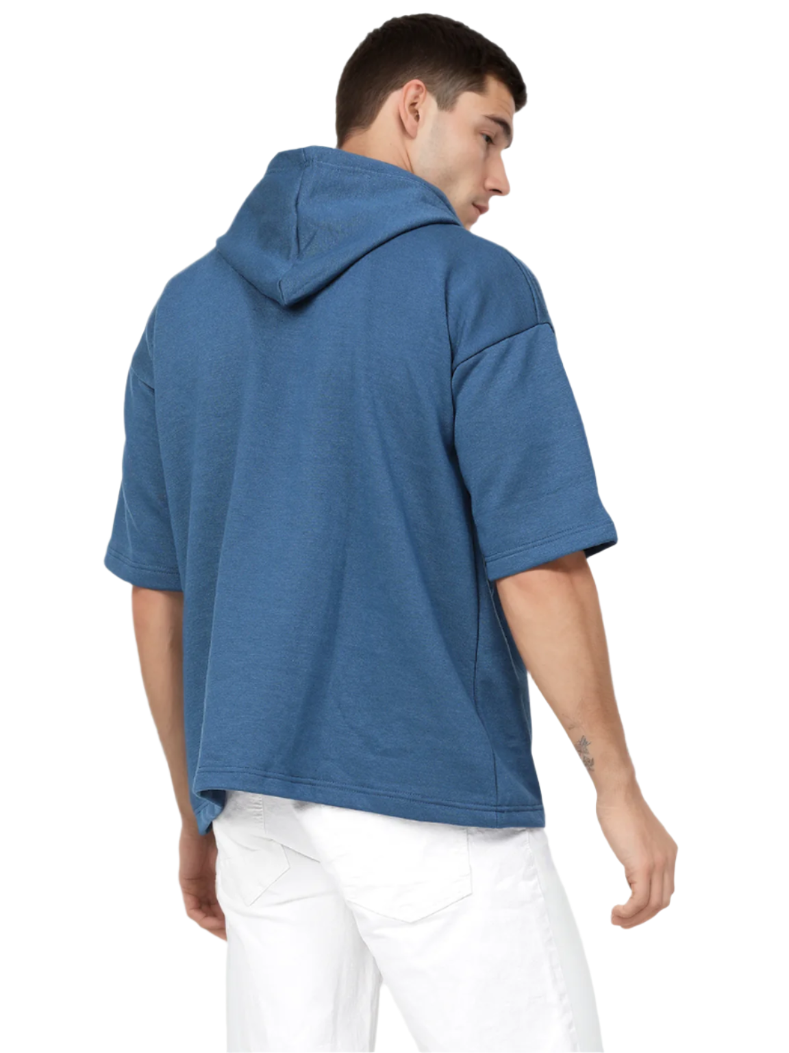 Hemsters Teal Blue Half Sleeve Relaxed Fit Hoodie For Men