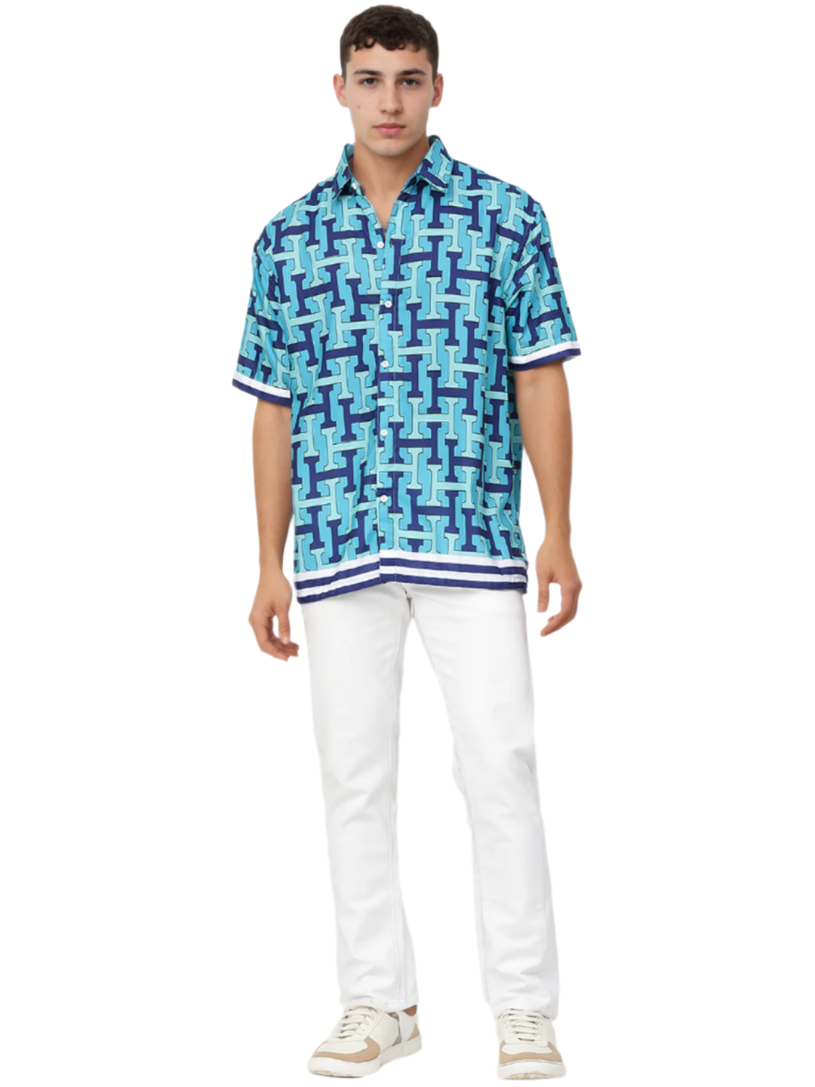 Hemsters Aqua Blue Printed Half Sleeve Relaxed Shirt