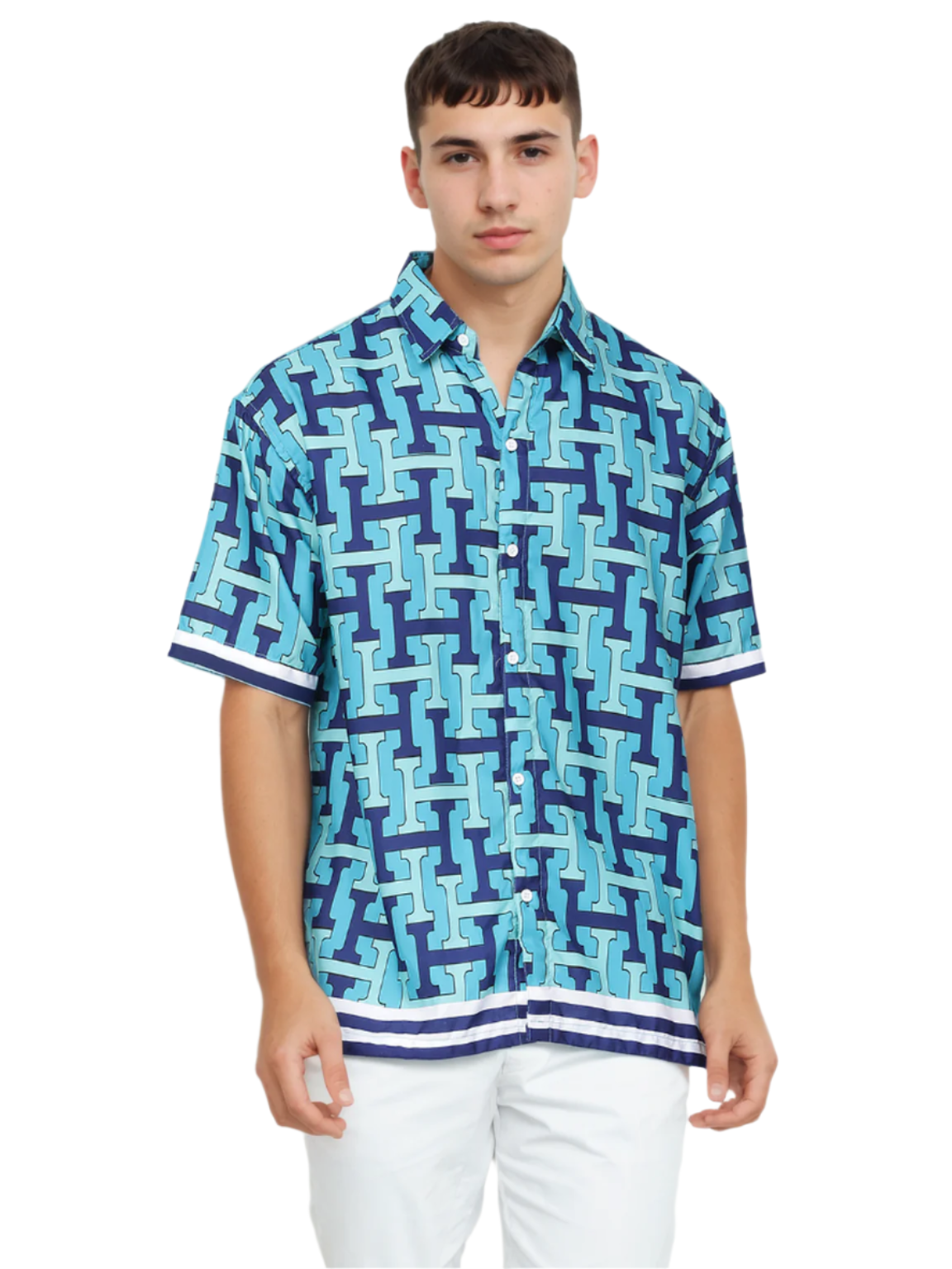 Hemsters Aqua Blue Printed Half Sleeve Relaxed Shirt