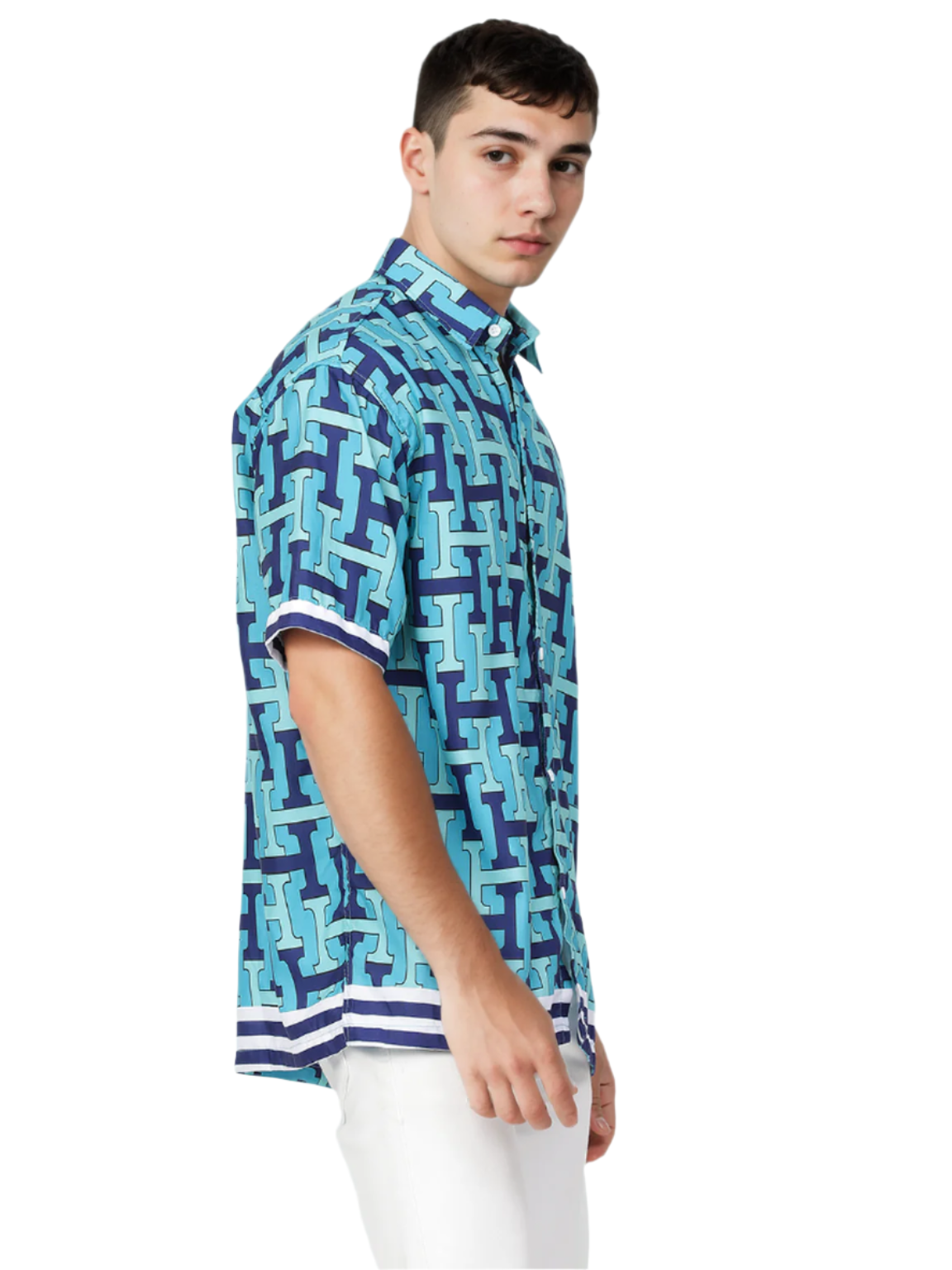 Hemsters Aqua Blue Printed Half Sleeve Relaxed Shirt