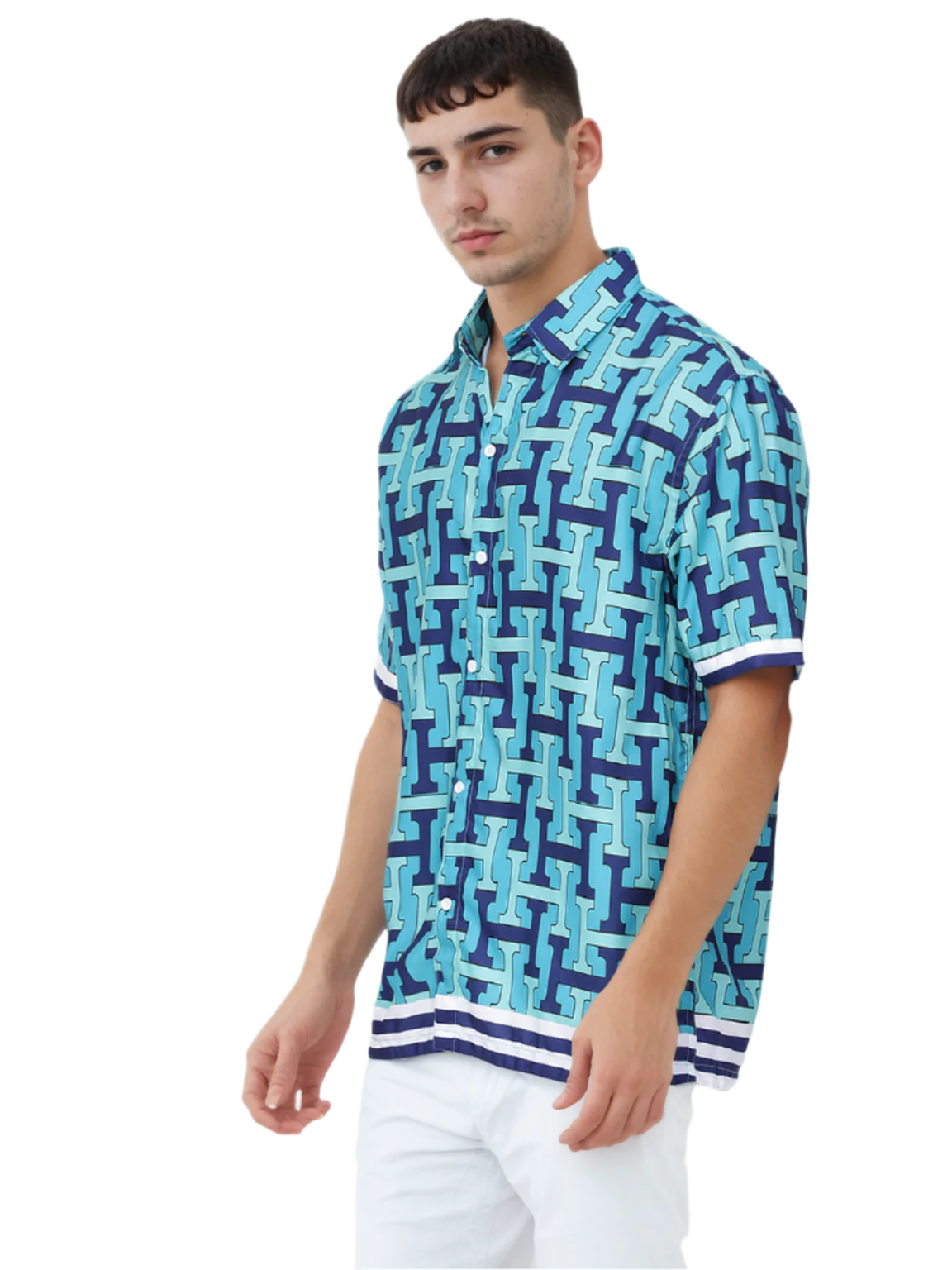 Hemsters Aqua Blue Printed Half Sleeve Relaxed Shirt