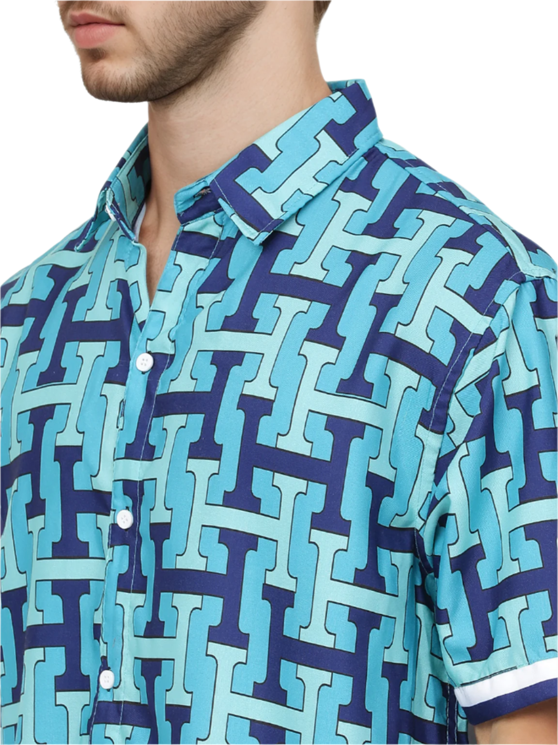 Hemsters Aqua Blue Printed Half Sleeve Relaxed Shirt