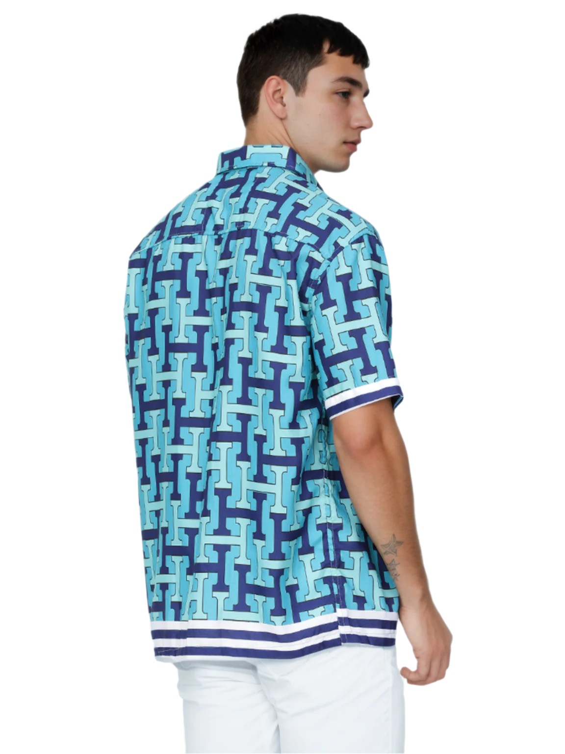 Hemsters Aqua Blue Printed Half Sleeve Relaxed Shirt