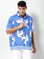 Bird Print Half Sleeve Relaxed Blue Shirt