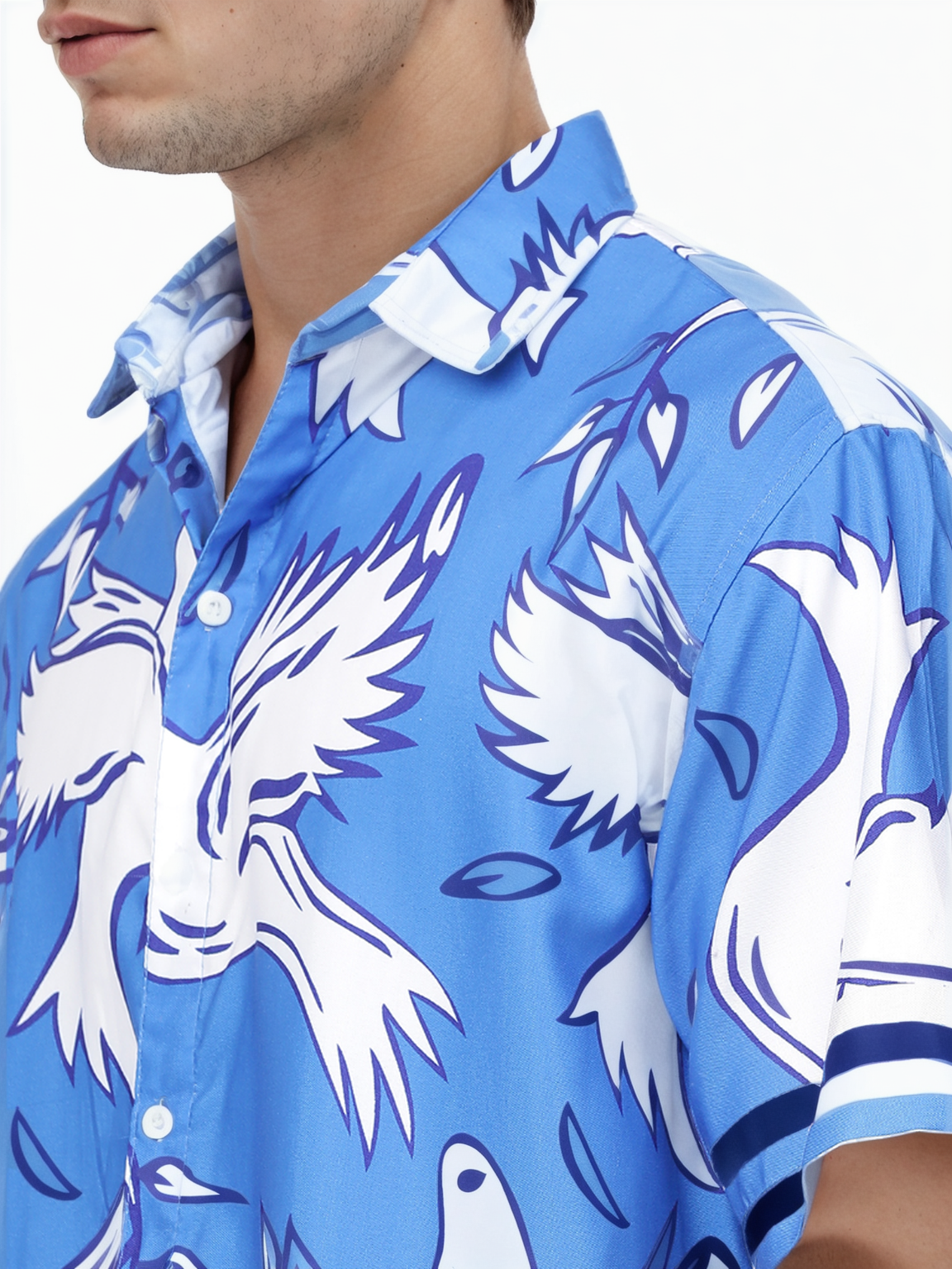 Hemsters Bird Print Half Sleeve Relaxed Blue Shirt