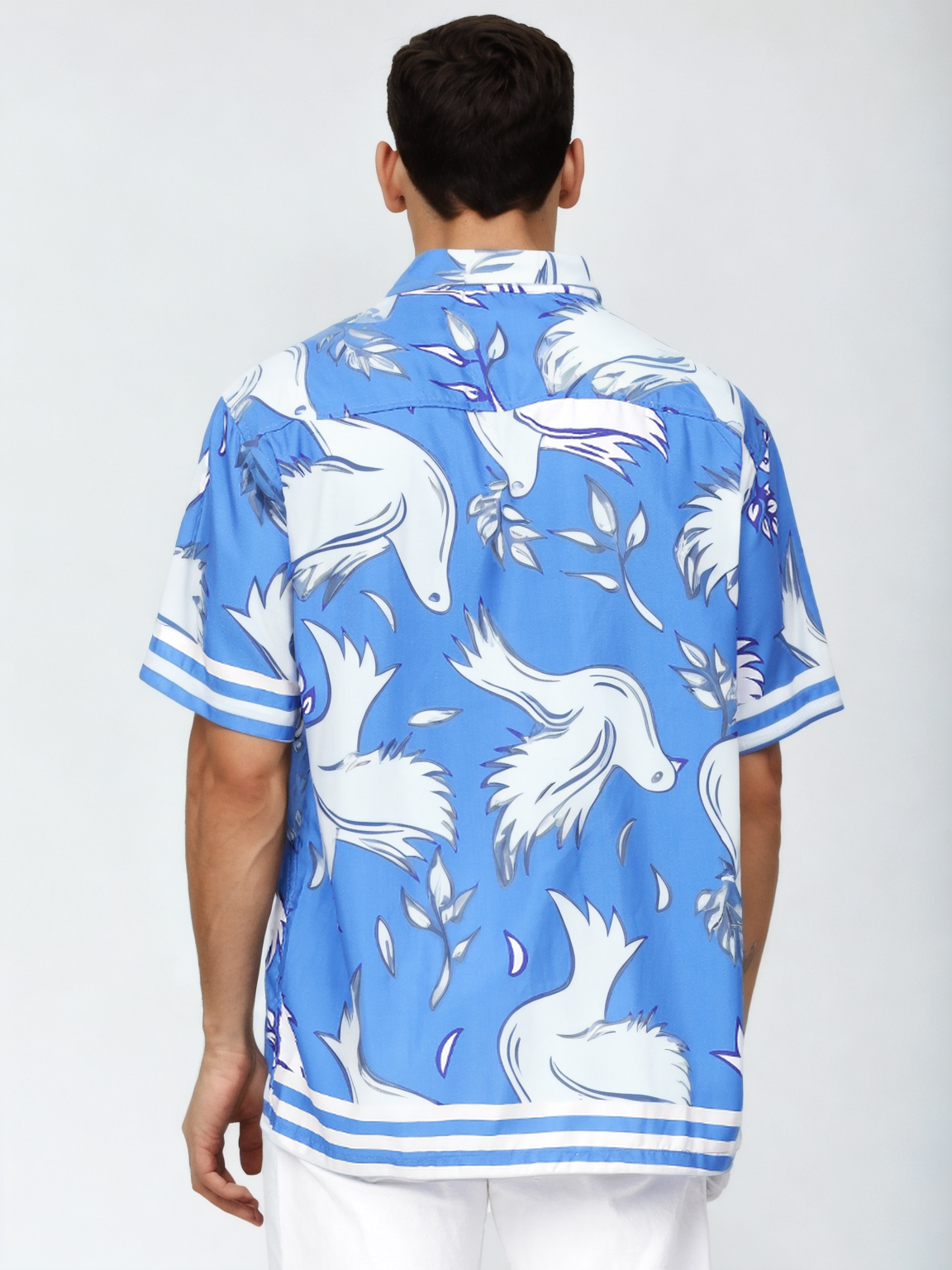 Bird Print Half Sleeve Relaxed Blue Shirt