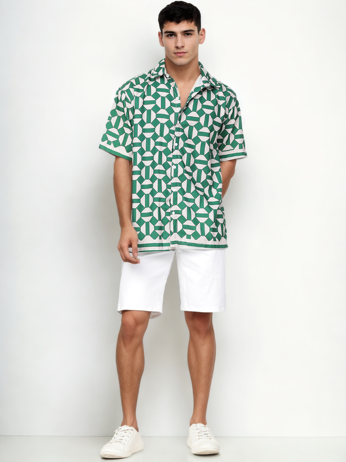 Hemsters Geometric Print Green & Off White color Half Sleeve Relaxed Shirt For Mens