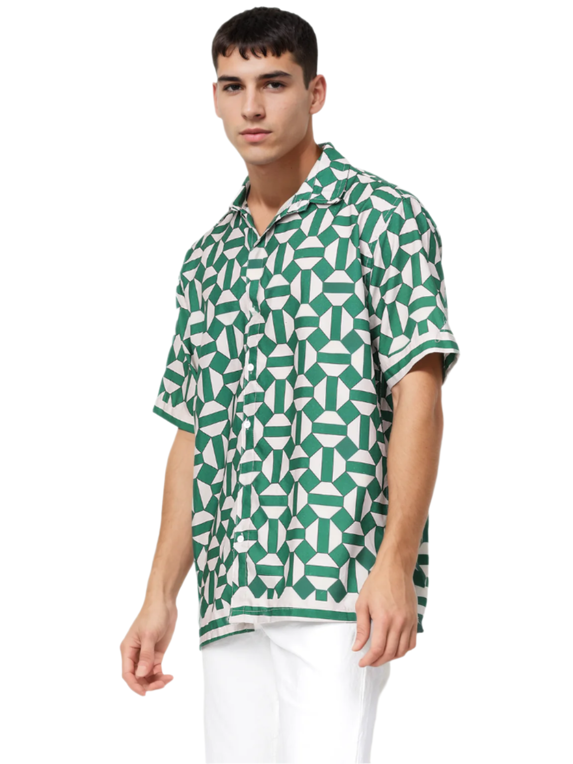 Hemsters Geometric Print Green & Off White color Half Sleeve Relaxed Shirt For Mens