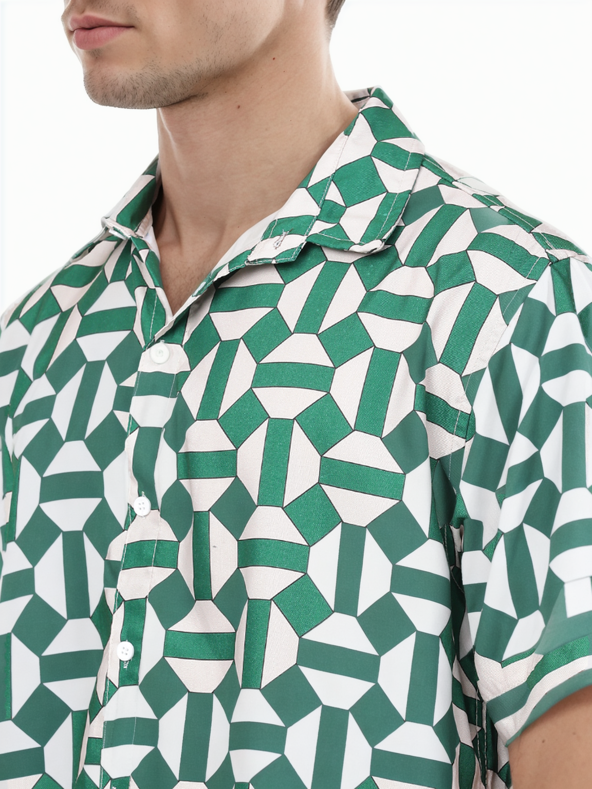 Hemsters Geometric Print Green & Off White color Half Sleeve Relaxed Shirt For Mens