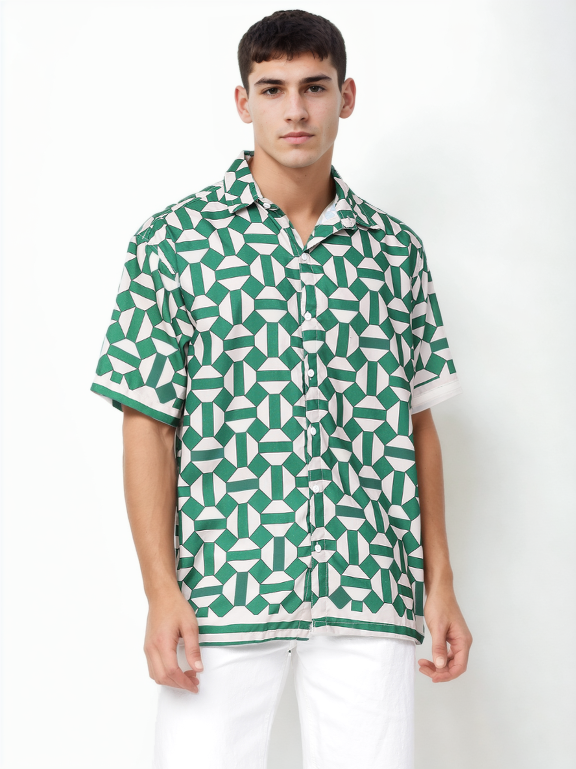 Hemsters Geometric Print Green & Off White color Half Sleeve Relaxed Shirt For Mens