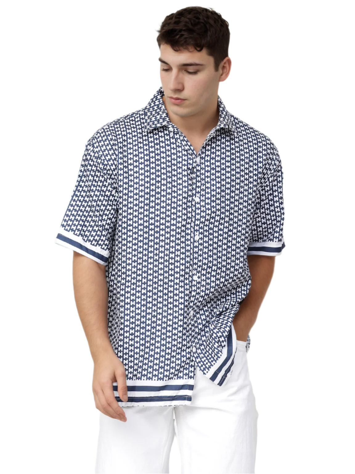 Hemsters Regular Black and White Printed Casual Short Sleeves Shirt