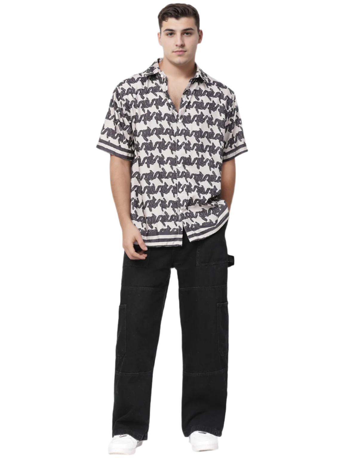 Hemsters Regular Black & White Printed Short Sleeves Shirt