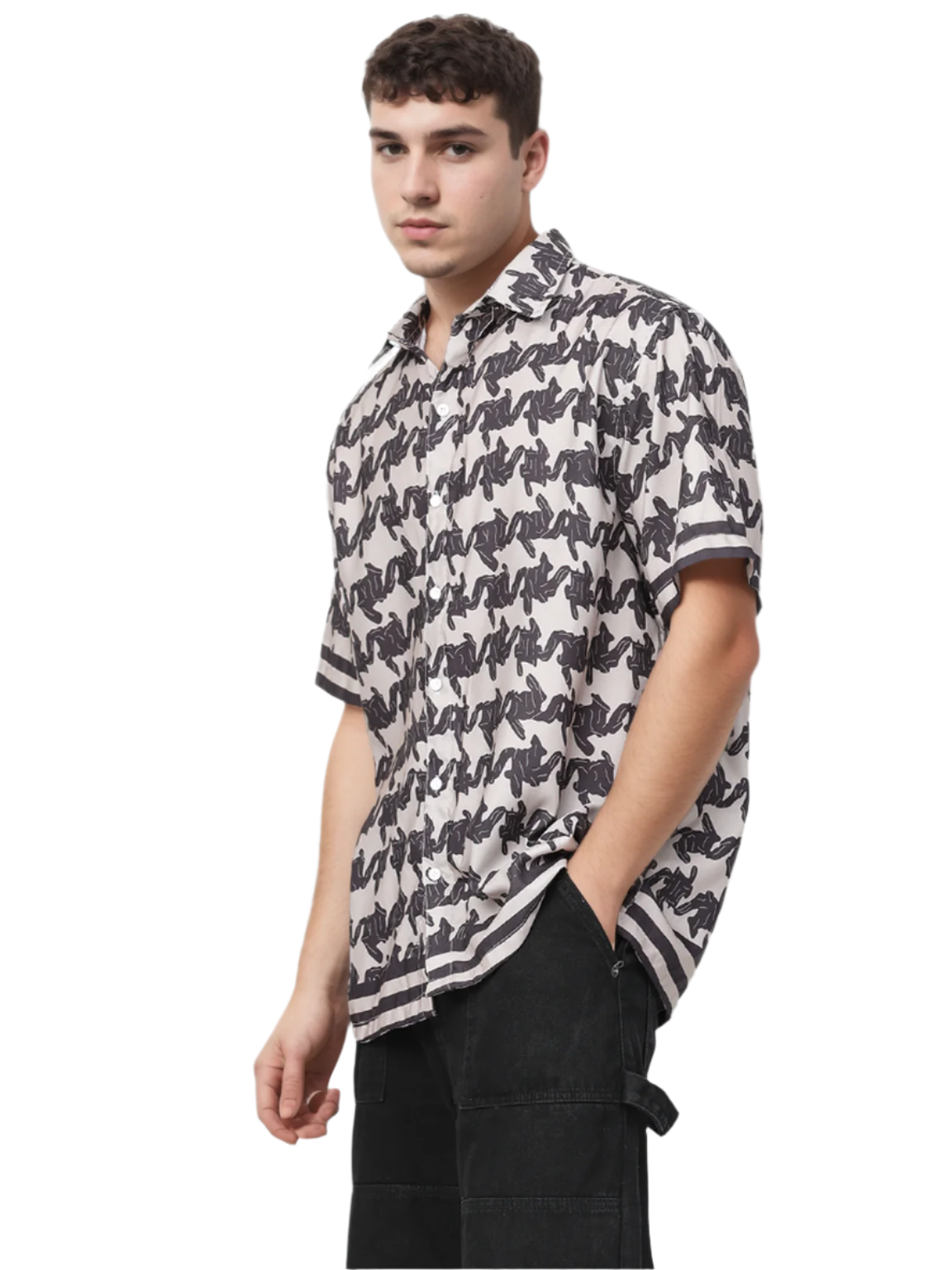 Hemsters Regular Black & White Printed Short Sleeves Shirt