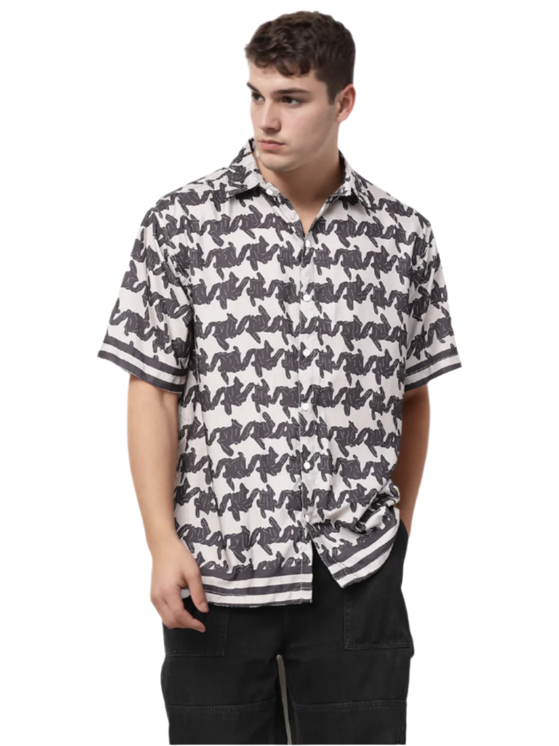 Hemsters Regular Black & White Printed Short Sleeves Shirt