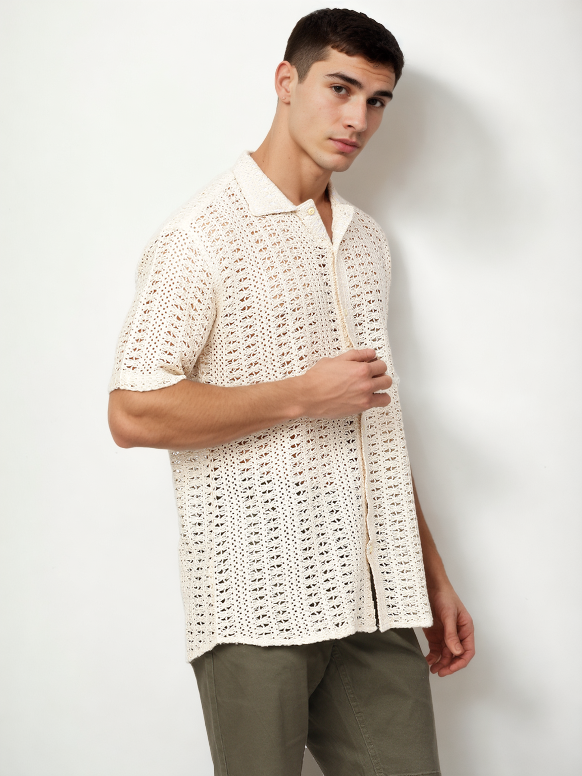 Hemsters Threaded Crochet Shirt Beige Color