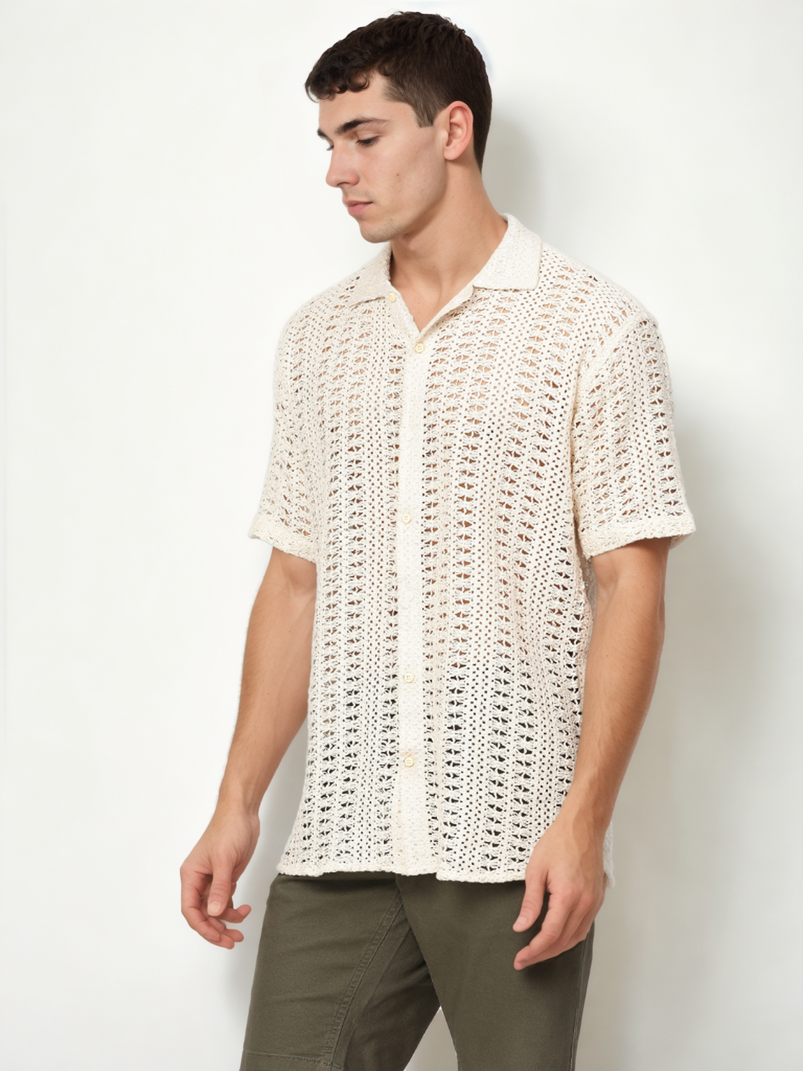 Hemsters Threaded Crochet Shirt Beige Color