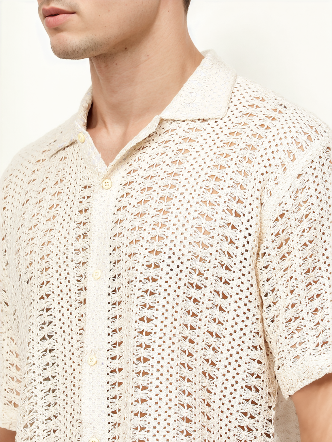 Hemsters Threaded Crochet Shirt Beige Color