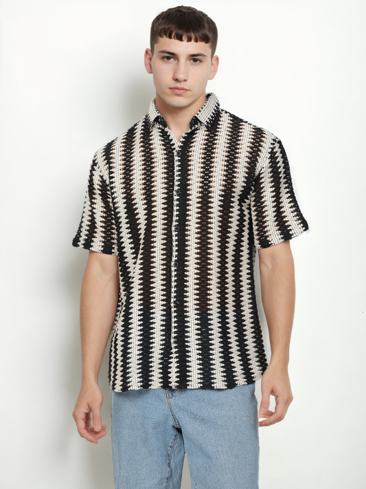 Hemsters Threaded Crochet Shirt Black & White Color Shirt