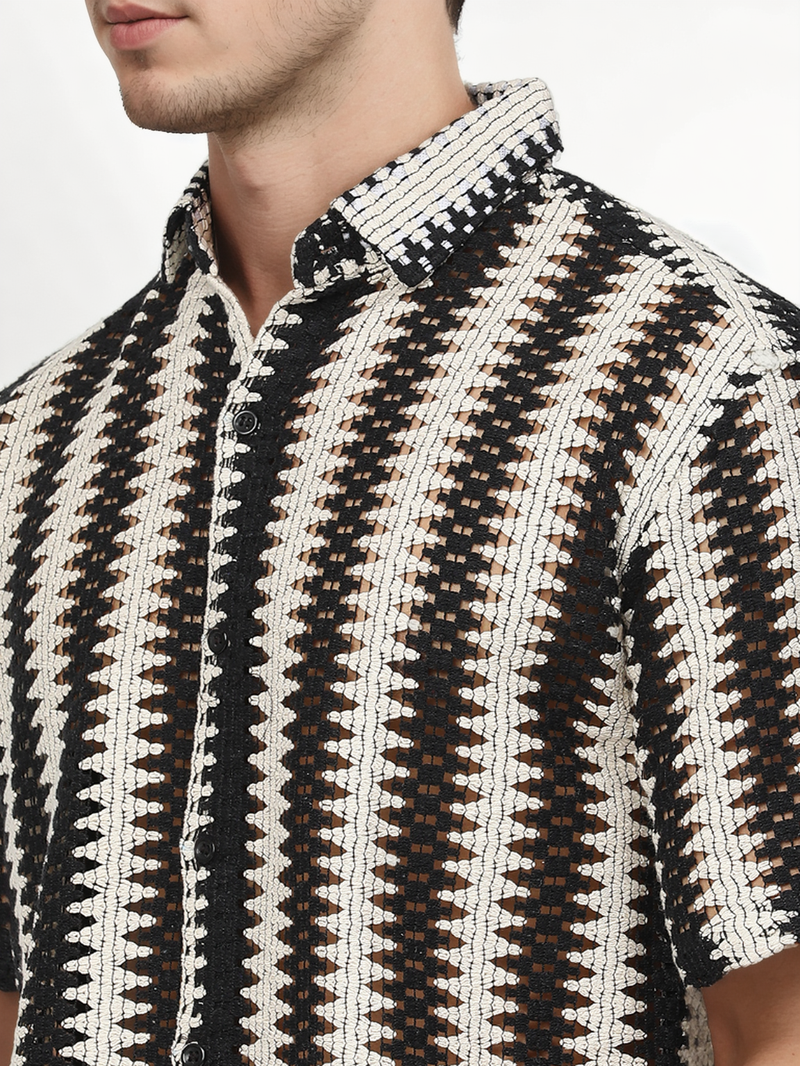 Hemsters Threaded Crochet Shirt Black & White Color Shirt