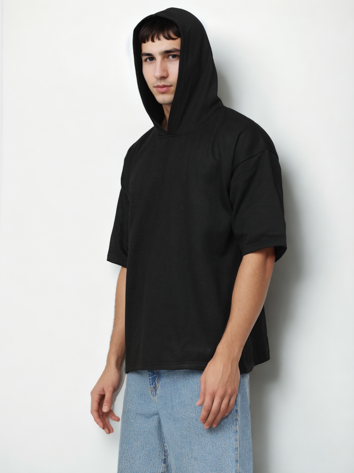 Hemsters Black Half Sleeve Relaxed Fit Hoodie For Men