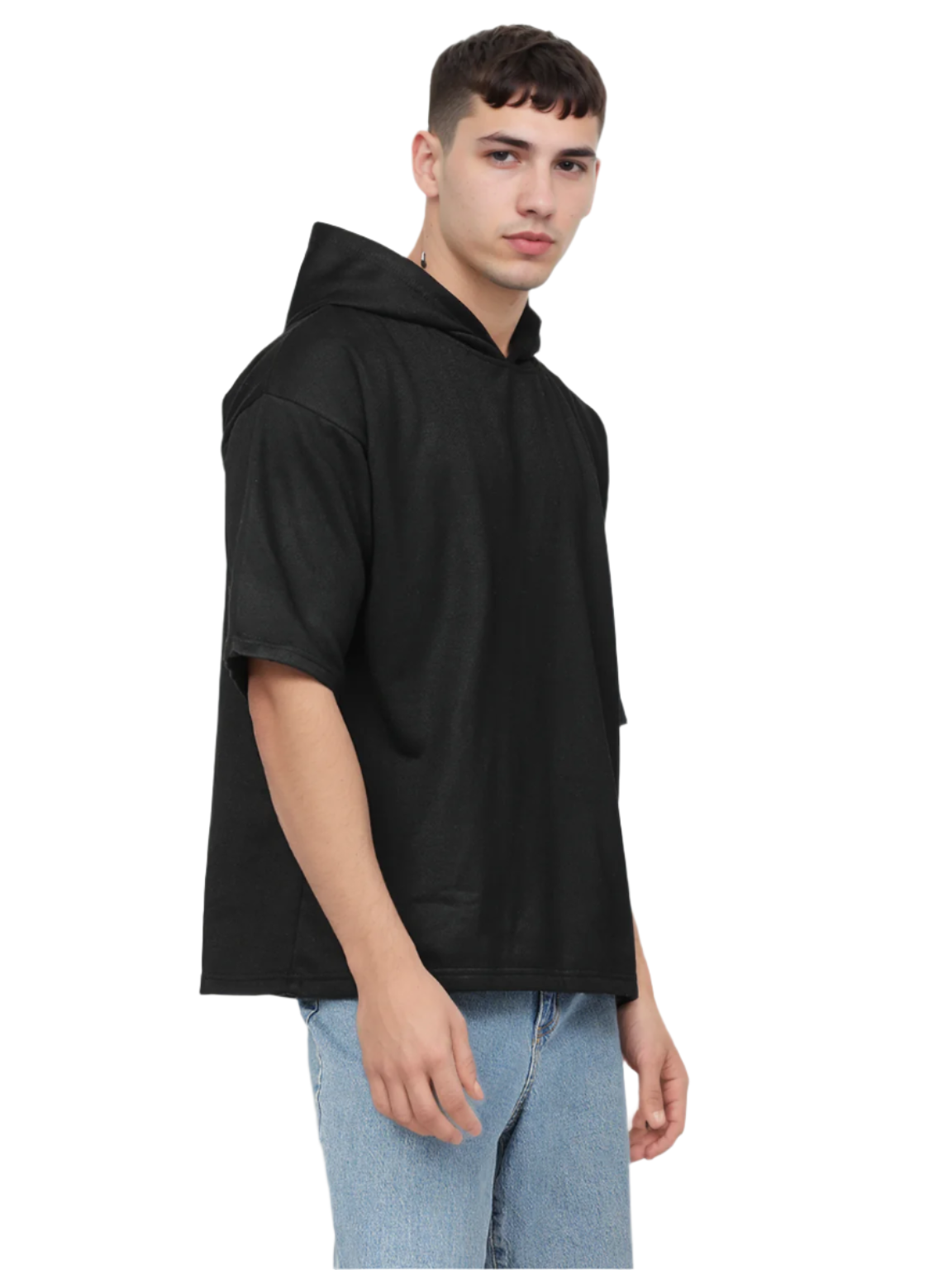 Hemsters Black Half Sleeve Relaxed Fit Hoodie For Men