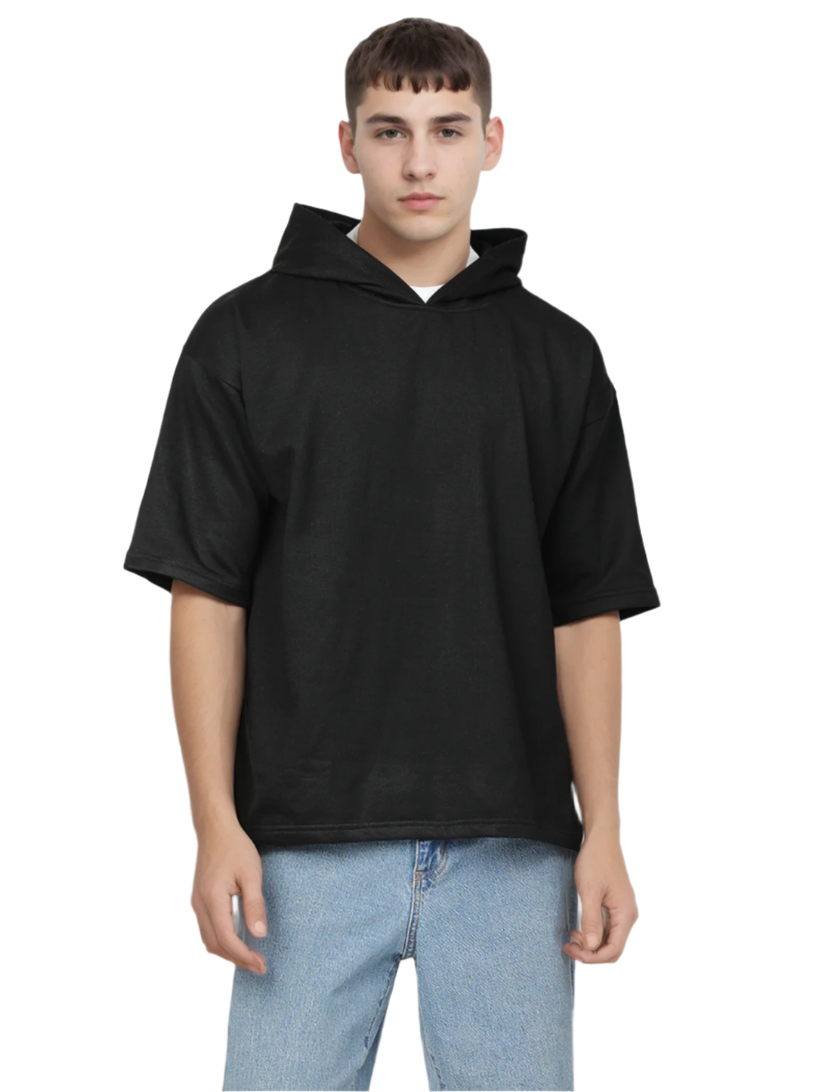 Hemsters Black Half Sleeve Relaxed Fit Hoodie For Men