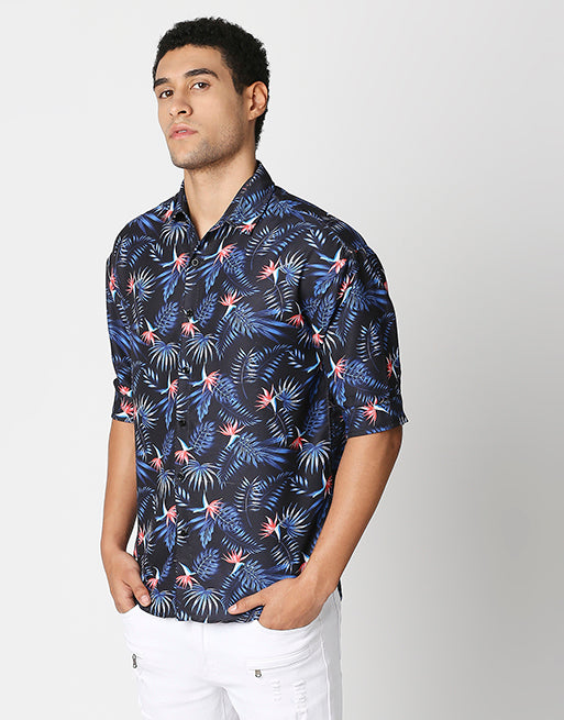 Hemsters Blue Floral Print Half Sleeve Relaxed Shirt