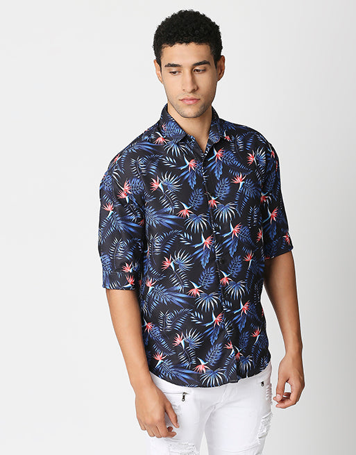 Hemsters Blue Floral Print Half Sleeve Relaxed Shirt