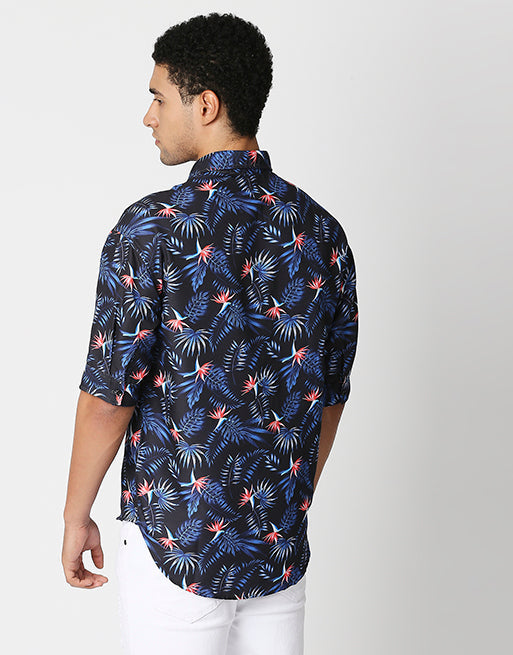Hemsters Blue Floral Print Half Sleeve Relaxed Shirt