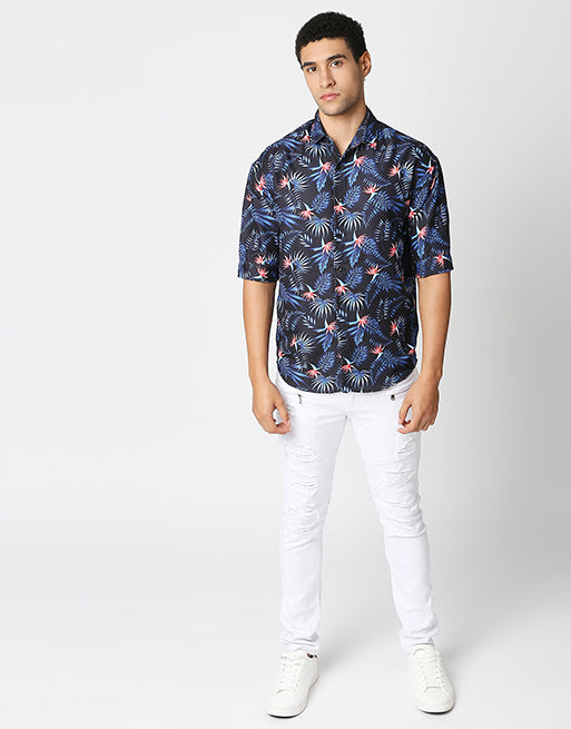 Hemsters Blue Floral Print Half Sleeve Relaxed Shirt