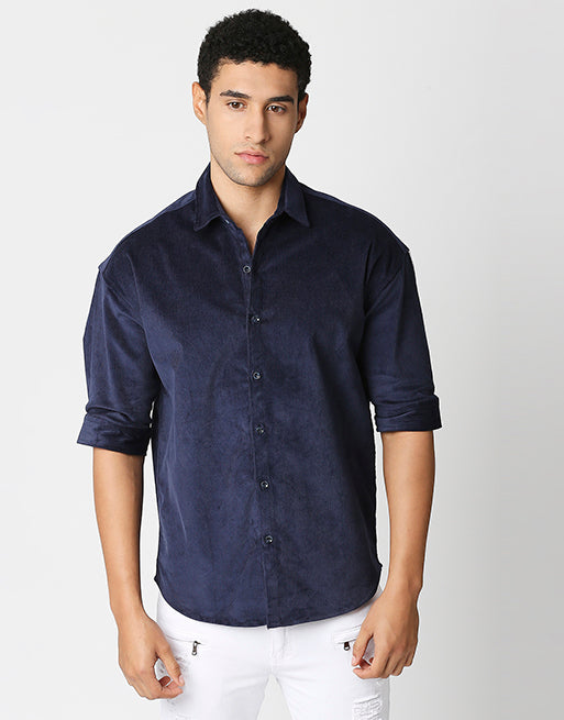 Hemsters Blue Corduroy Half Sleeve Relaxed Shirt