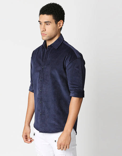 Hemsters Blue Corduroy Half Sleeve Relaxed Shirt